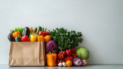 Fresh assortment of colorful vegetables including bell peppers, eggplants, cabbage, garlic, zucchini, and greens arranged beside a brown paper grocery bag against a plain wall