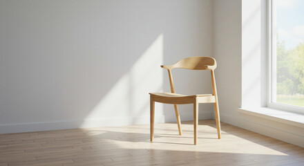 Minimalist Interior Natural Wooden Chair in Sunlit Corner, Warm Ambiance, Modern Home Decor, Interior Design