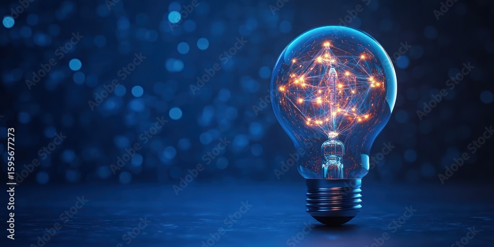 Poster close-up of an illuminated light bulb with glowing interconnected network inside against a dark blue