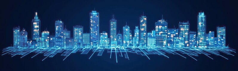 Futuristic blue glowing digital cityscape with interconnected tall buildings and illuminated windows on dark background conveying advanced technology and innovation