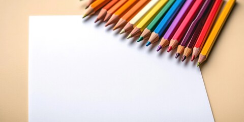 Fototapeta premium Row of sharpened colored pencils arranged diagonally on blank white paper with beige background, evoking creativity and artistic potential