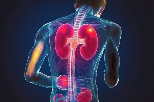 Transparent rear view of human body showing highlighted kidneys with urinary tract, spine, and muscles, depicting internal anatomy and medical focus
