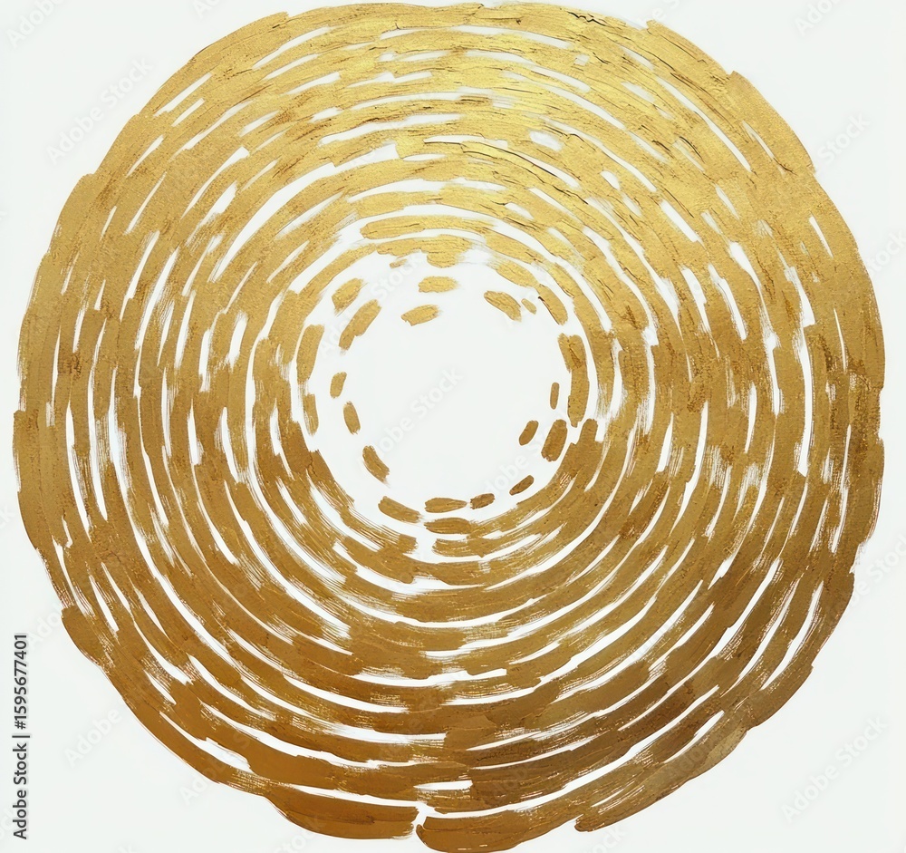 Poster concentric circular pattern of gold brush strokes on white background creating a radiant and harmoni