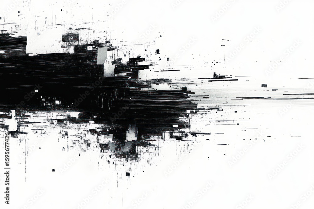 Aufkleber abstract digital black and white glitch effect with scattered rectangular shapes and linear distorti