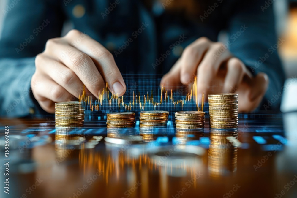 Poster hands stacking golden coins in ascending order with digital financial graph overlay representing inv