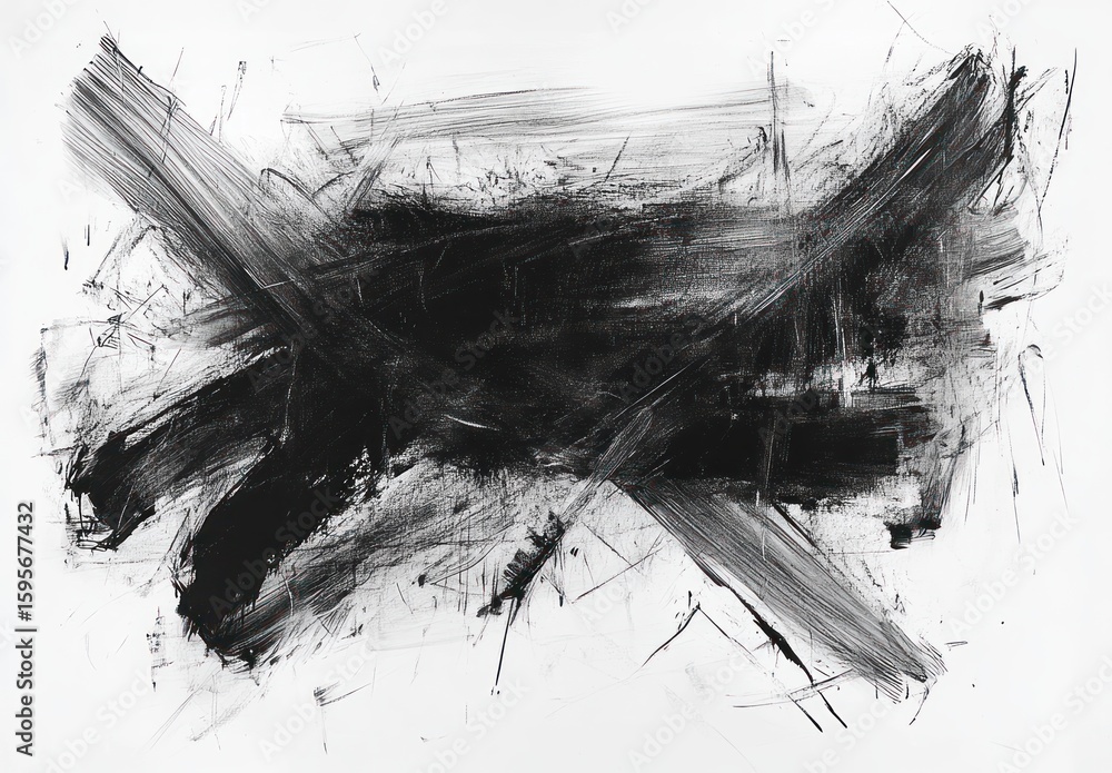 Poster abstract black and gray brush strokes on white background creating chaotic and energetic movement wi