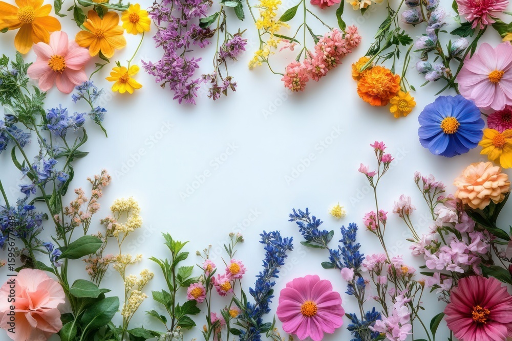 Poster variety of colorful fresh flowers arranged in a circular pattern on a white background creating a br