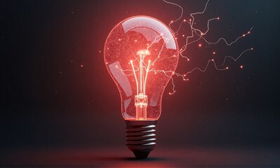 A glowing red light bulb emanates sparks of energy against a dark background.