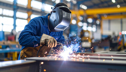 Factory worker welding metal frame in a clean industrial space