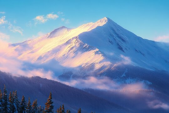Snow-covered mountain bathed in soft golden sunlight above a forested landscape with low mist and a bright blue sky - Powered by Adobe