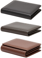 Three leather wallets in black, brown, and gray on transparent background  