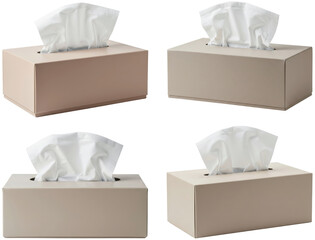 Rectangular tissue box in neutral colors with tissues displayed  