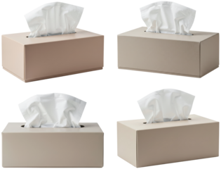 Rectangular tissue box in neutral colors with tissues displayed  
