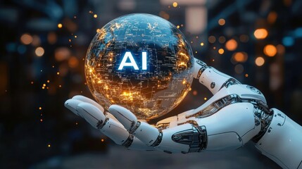 Futuristic robotic hand holding a glowing digital globe with illuminated circuits and the letters AI symbolizing advanced artificial intelligence technology