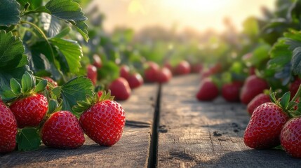 Fresh red strawberries growing on green leafy plants alongside a wooden surface with warm sunlight in the background creating a peaceful atmosphere