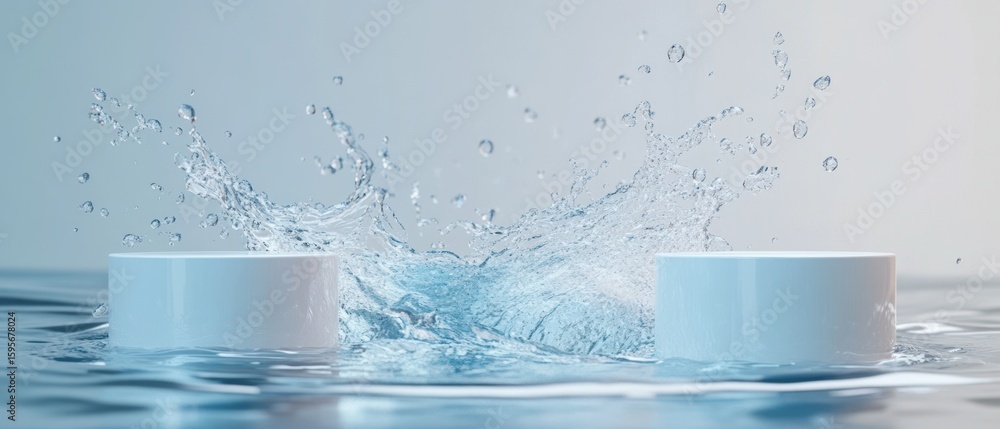 Poster two white round containers partially submerged in water with dynamic water splash and droplets captu