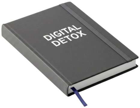 Digital detox notebook with black cover and ribbon bookmark  