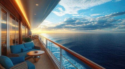 Spacious outdoor balcony on a cruise ship with comfortable seating overlooking a calm ocean at sunset under a partly cloudy sky