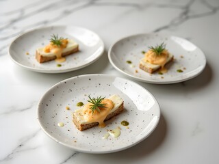 Elegant Wedge Appetizer Menu for Bistro Events: Elegant appetizer menu featuring delicate wedge portions on ceramic plates with minimalist design, white and soft gray tones for a chic bistro