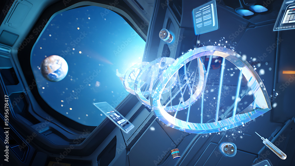 Poster a futuristic view of a dna helix floating in a spaceship laboratory with earth visible through the w