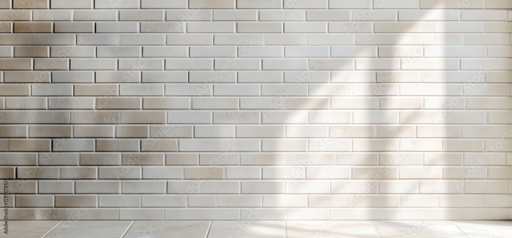 Poster empty bright white brick wall with sunlight casting soft shadow patterns on a tiled floor