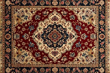 Intricate traditional oriental rug with a symmetrical floral medallion design in rich red, cream, navy blue, and beige tones creating a warm and elegant aesthetic