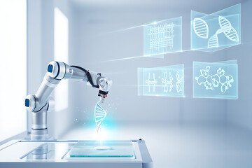 A robotic arm manipulates a dna helix in a sterile laboratory setting, surrounded by digital interfaces, symbolizing automated genetic research and technological innovation