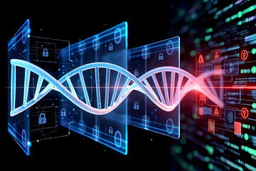 A dna helix is intertwined with digital screens displaying security locks and data, representing cybersecurity and the protection of genetic information in a technological future
