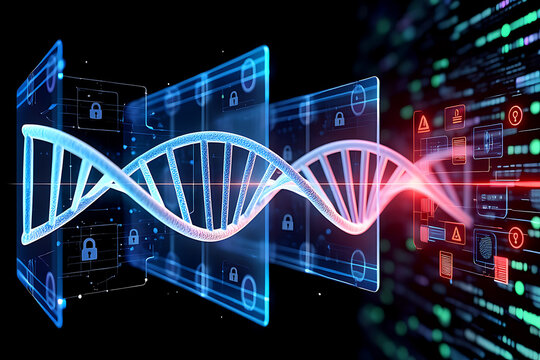A dna helix is intertwined with digital screens displaying security locks and data, representing cybersecurity and the protection of genetic information in a technological future - Powered by Adobe