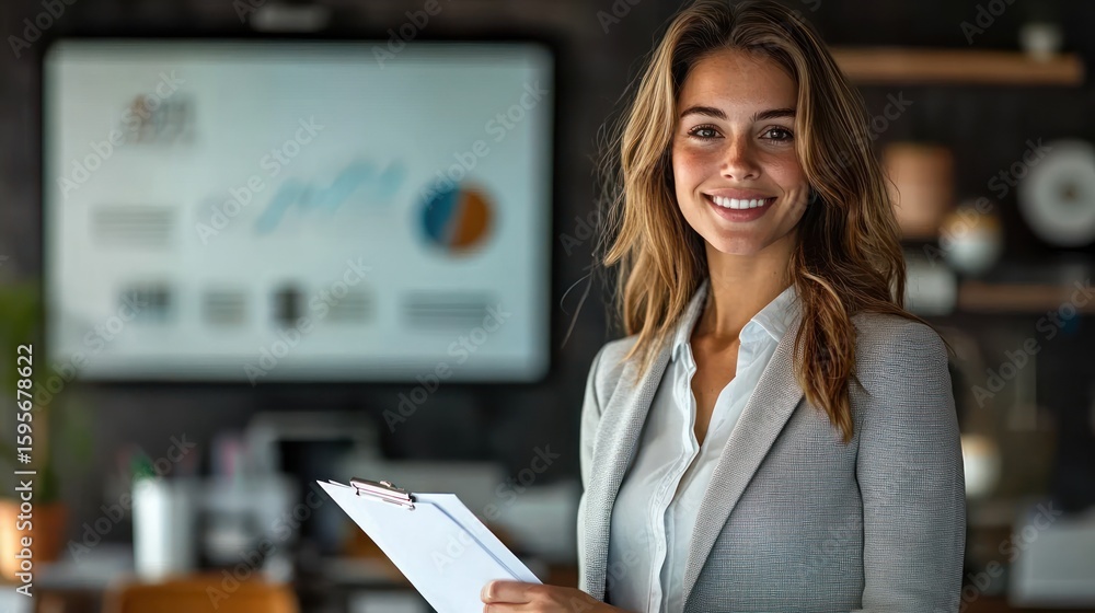Poster smiling businesswoman holding clipboard with presentation screen showing charts and graphs in a mode