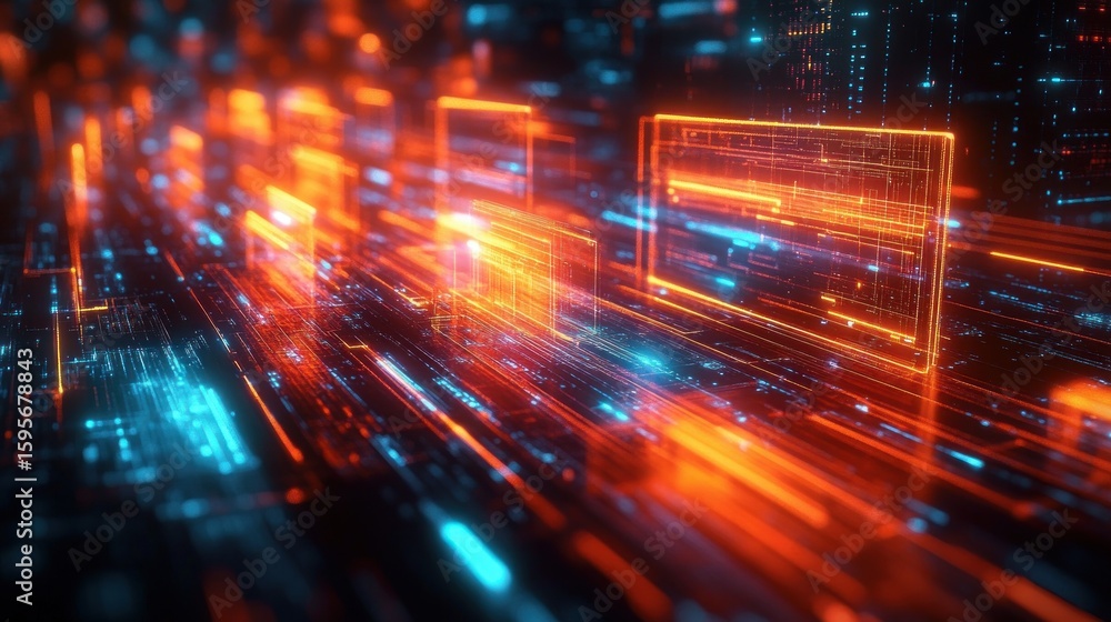 Poster futuristic digital cityscape with glowing neon orange and blue circuit-like pathways and rectangular
