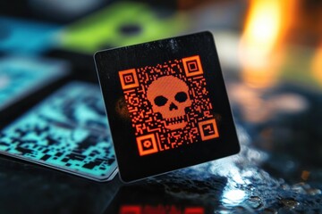 Close-up of a black square card with a glowing red QR code featuring a pixelated skull symbol, conveying a sense of warning or danger in a dark, reflective environment