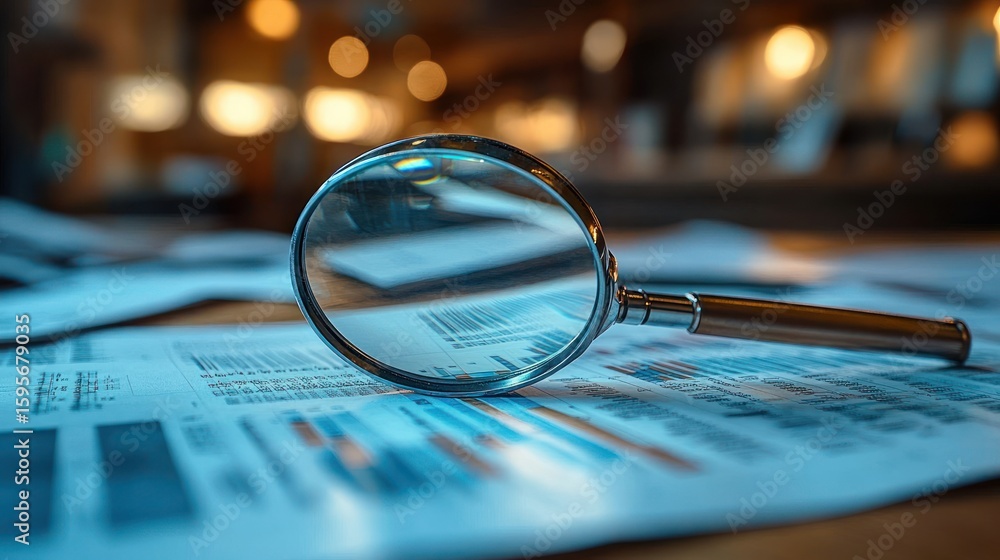 Poster magnifying glass placed on documents with charts and graphs in a softly lit office environment highl
