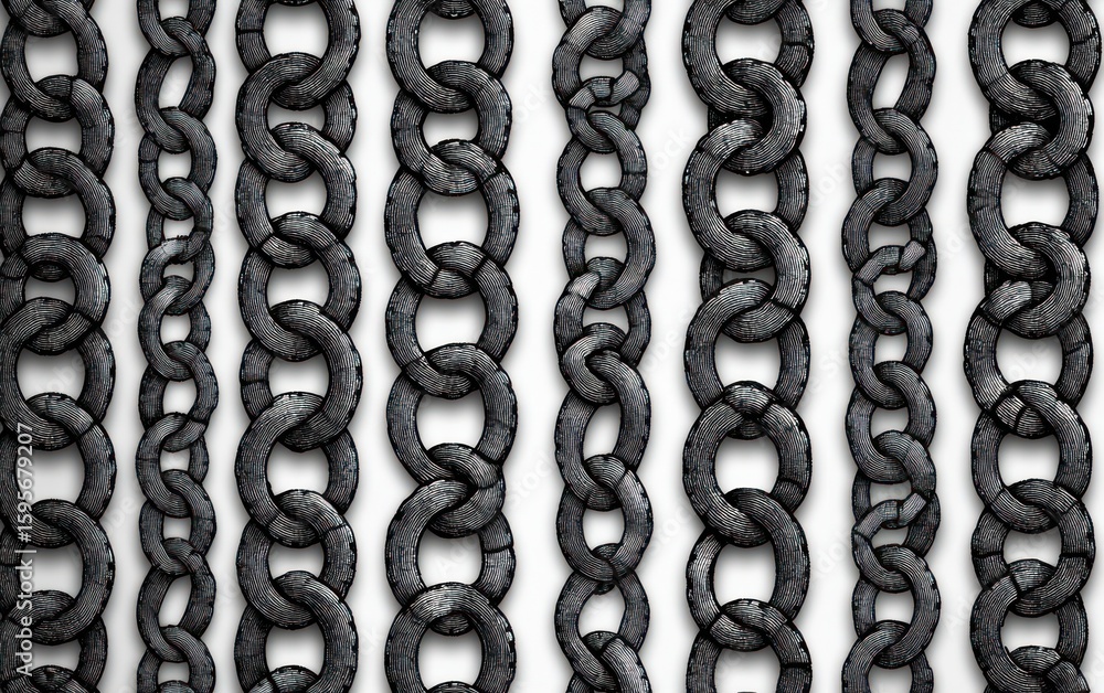 Poster close-up view of multiple vertical black metal chains with varying thicknesses and textures on a whi