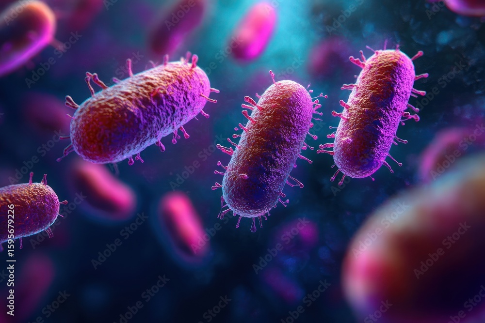 Aufkleber close-up 3d rendered image of multiple rod-shaped bacteria with hair-like structures floating in a b