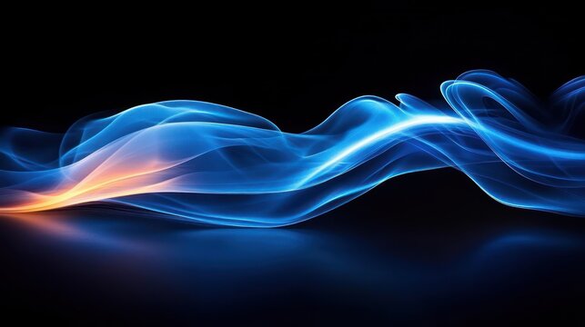 Abstract flowing waves of blue and orange light against a dark background creating a smooth, dynamic, and ethereal visual effect