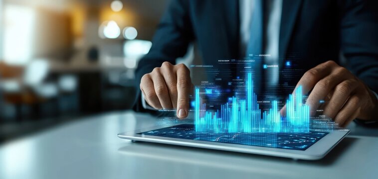 Businessman using tablet with futuristic blue holographic bar graph data visualization emerging from screen in modern office environment