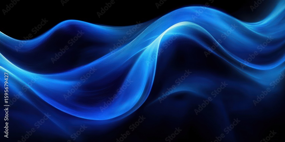 Poster smooth flowing abstract waves of blue light and smoke against a black background creating a calm and