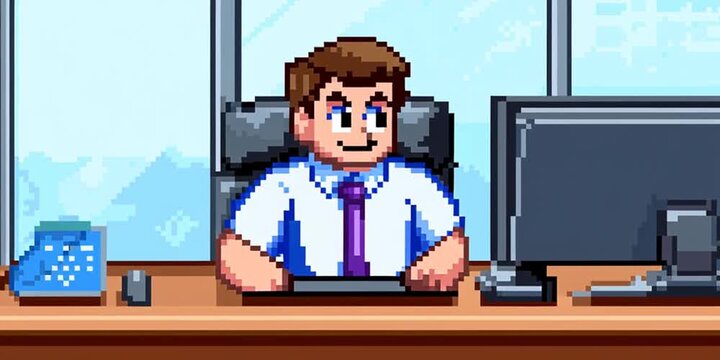 16-bit video game pixel art style office with worker