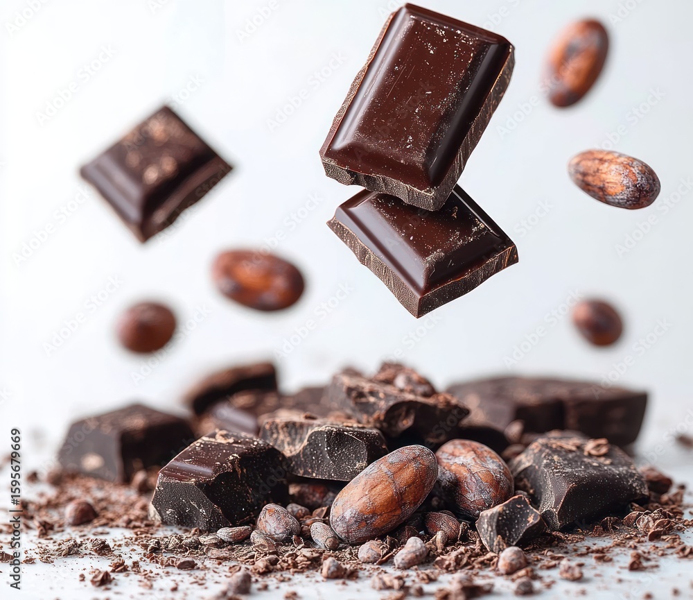 Poster close-up view of dark chocolate chunks and cocoa beans with chocolate shavings on white background c