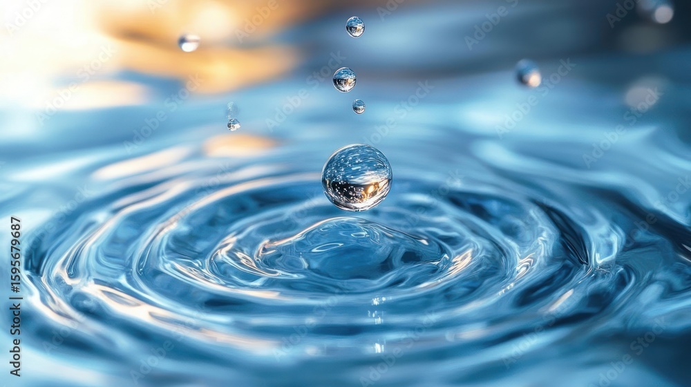 Poster close-up of clear water droplets falling and causing ripples on the smooth water surface with soft l