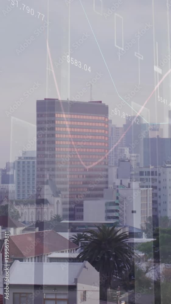 Poster animation of statistical data processing over aerial view of cityscape