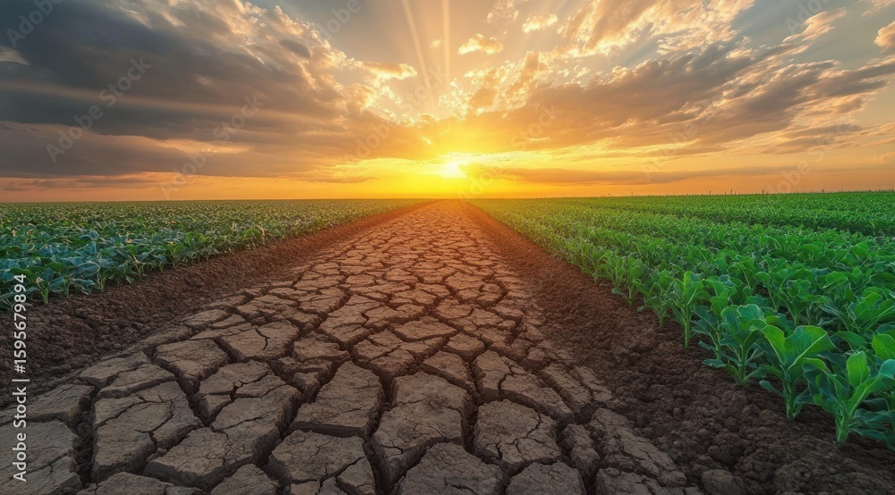 Poster sunset over agricultural field with dry cracked soil path between rows of green crops under partly c