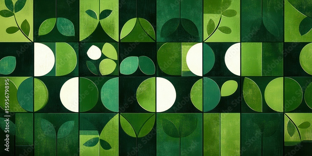 Poster abstract geometric pattern featuring green and white blocks with stylized plant leaves and circular 