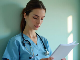 Jeune infirmière concentrée lisant un dossier médical dans un couloir calme d’hôpital moderne
