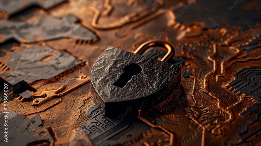 Poster secure padlock resting on textured surface, symbolizing protection and security in digital environme