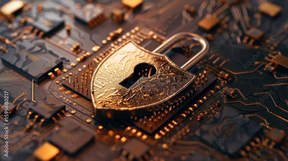 Poster golden padlock and shield icon rests on circuit board, symbolizing security and protection in techno