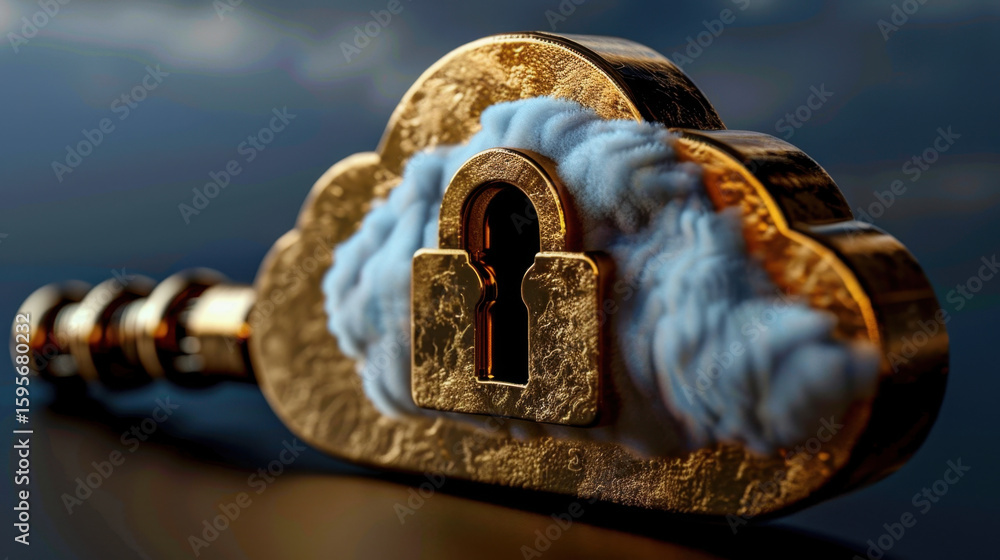 Poster 3d rendering of secure cloud symbol featuring golden key and lock, representing encryption and data 