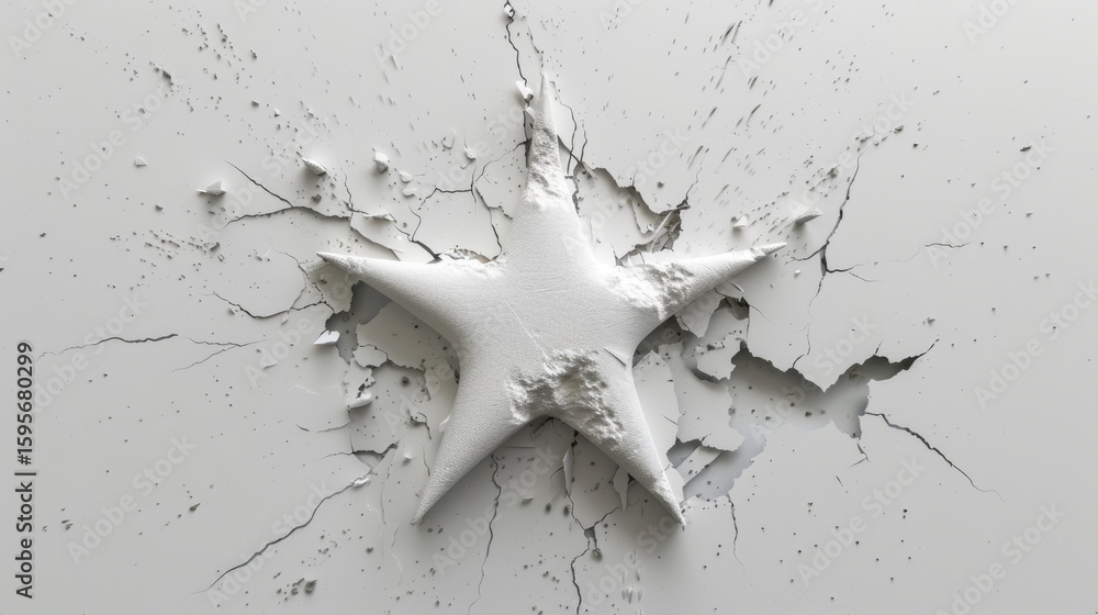 Poster white star shape appears to be breaking through cracked wall, creating striking visual effect. contr