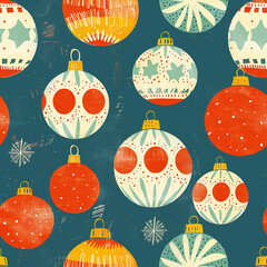 Seamless vector textured, vintage look, pattern of abstract Christmas baubles for paper or textile.